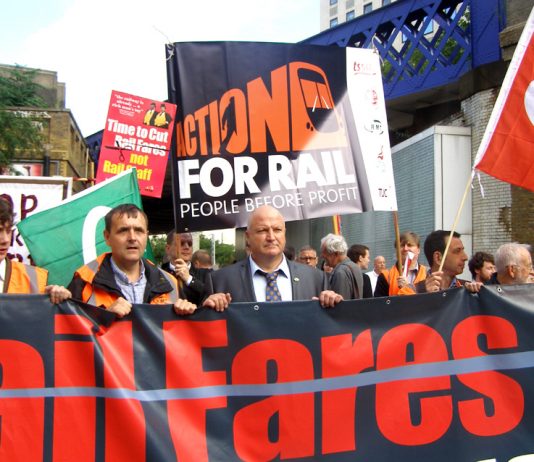 RMT General Secretary Bob Crow with RMT members and commuters at Waterloo Station on Tuesday morning