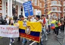 Supporters of Julian Assange demonstrate outside the embassy of Ecuador yesterday afternoon