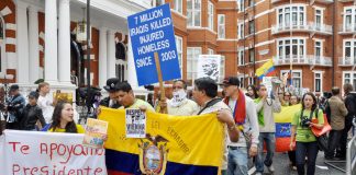 Supporters of Julian Assange demonstrate outside the embassy of Ecuador yesterday afternoon