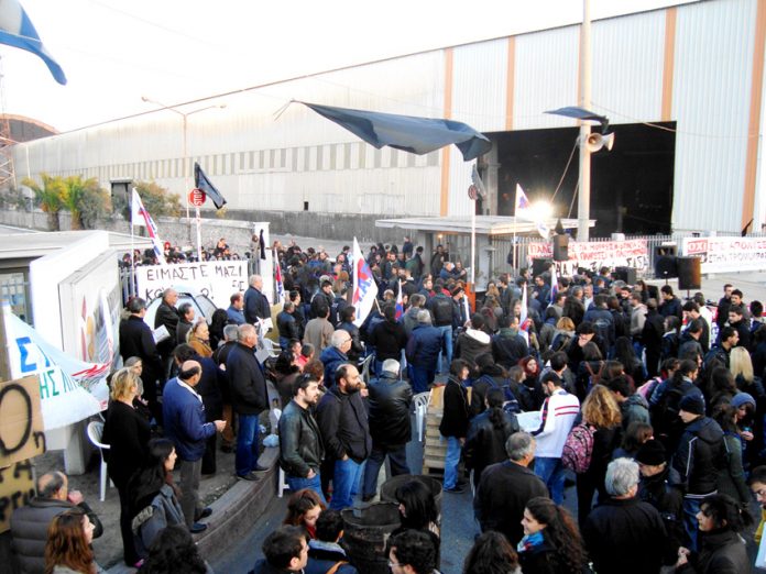 Steelworkers in Greece on strike last month against sackings and wage cuts