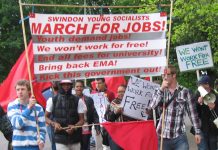The front of the  Young Socialists march in Swindon for Jobs for Youth at trade union rates of pay