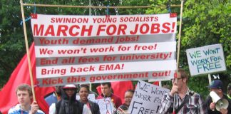 The front of the  Young Socialists march in Swindon for Jobs for Youth at trade union rates of pay