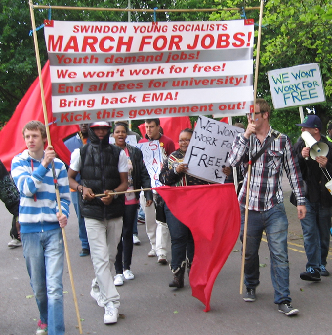 The front of the  Young Socialists march in Swindon for Jobs for Youth at trade union rates of pay