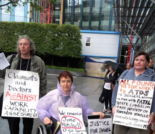 Protesters outside the ATOS headquarters in Euston point to the damage that ATOS, a sponsor of the Paralympics, has done to disabled people