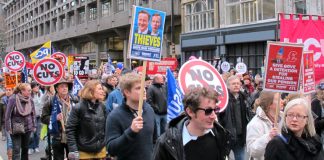 Teachers unions marching in November last year in defence of pensions