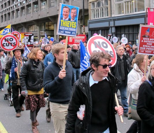 Teachers unions marching in November last year in defence of pensions