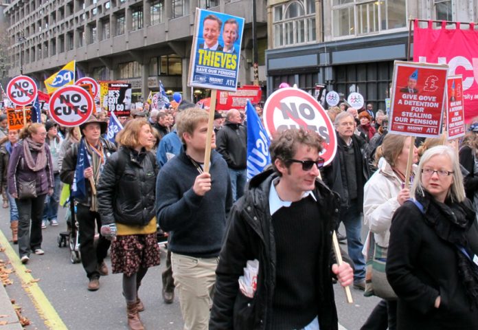Teachers unions marching in November last year in defence of pensions