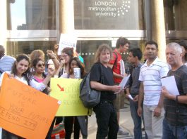 Students and lecturers outside the London Met Board of Governors meeting on Monday