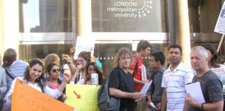 Students and lecturers outside the London Met Board of Governors meeting on Monday