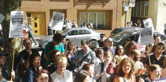 Sudents demonstrate outside the Home Office yesterday afternoon. They denounced the planned deportations