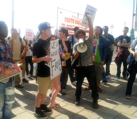 The Young Socialists lobby of the TUC Congress  yesterday afternoon showed delegates that youth would never submit to being cheap labourers and were demanding a general strike to bring down the coalition