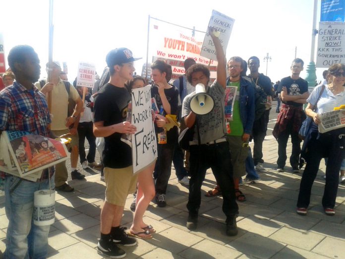 The Young Socialists lobby of the TUC Congress  yesterday afternoon showed delegates that youth would never submit to being cheap labourers and were demanding a general strike to bring down the coalition
