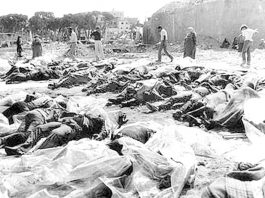 Piles of bodies of those killed by the Lebanese Christian Phalange militia under the direction of the