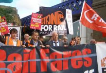 RMT General Secretary BOB CROW at a demonstration against the rail privateers outside Waterloo station on August 14
