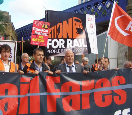RMT General Secretary BOB CROW at a demonstration against the rail privateers outside Waterloo station on August 14