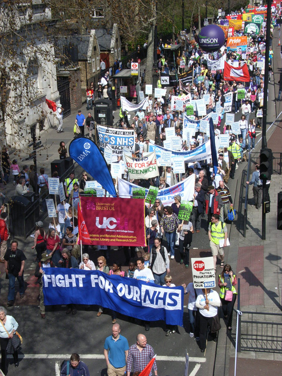 The head of the march to defend the NHS on the Embankment in April 2010