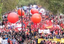 Masses assembling on the Embankment before setting off on Saturday