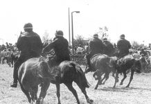 Police on horseback charge at miners at Orgreave on 18th June 1984