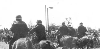 Police on horseback charge at miners at Orgreave on 18th June 1984