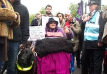 On last Saturday’s TUC demonstration there was a great determination to defend the NHS. Picture shows a disabled campaigner  who blocked the road at Marble Arch to show her anger at the way disabled people are being treated by the coalition