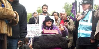 On last Saturday’s TUC demonstration there was a great determination to defend the NHS. Picture shows a disabled campaigner  who blocked the road at Marble Arch to show her anger at the way disabled people are being treated by the coalition