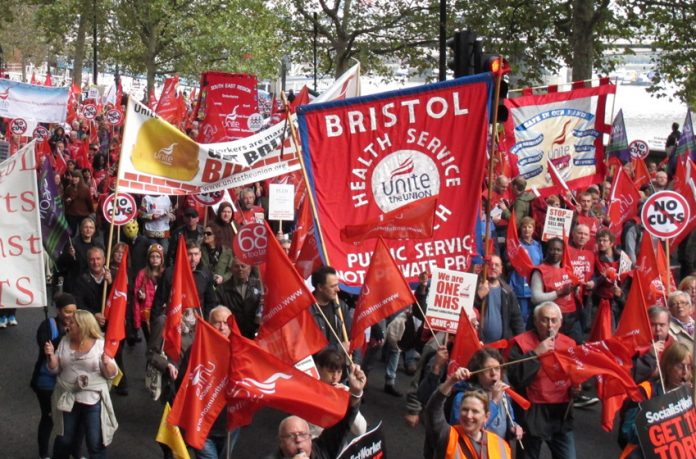 Bristol health workers on the TUC demonstration last Saturday – there is to be a demonstration against local low-pay plans  outside the Bristol Royal Infirmary on Tuesday