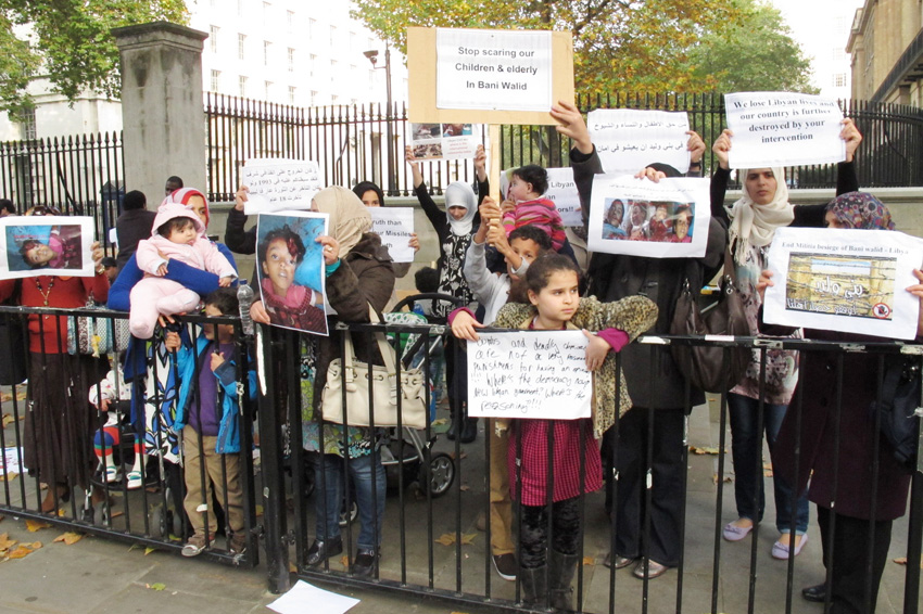 Women and children demonstrating outside Downing Street condemned the slaughter going on in Bani Walid