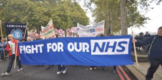 Banners from Lewisham BMA and Greenwich on the TUC demonstration against the government’s austerity cuts on October 20