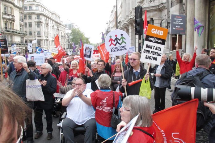 A section of the TUC march on October 20th showing its determination to defend the NHS and the public sector