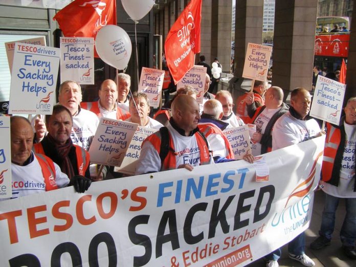 Over 50 Tesco distribution drivers on 90 days notice came down to Westminster yesterday to defend their jobs