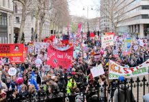 Teachers unions marching in defence of their wages, pensions and state education against privatisation