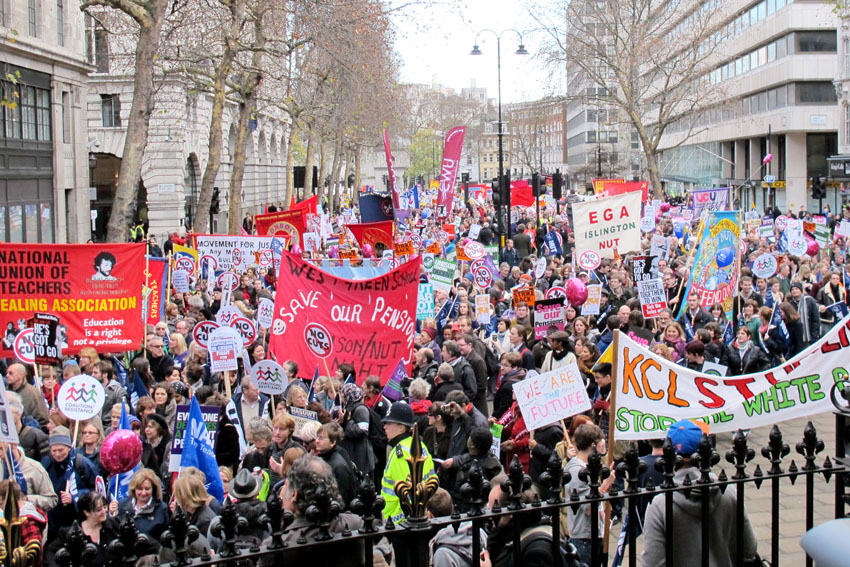 Teachers unions marching in defence of their wages, pensions and state education against privatisation