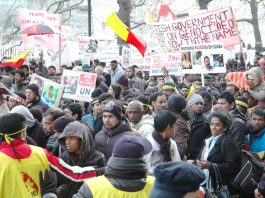 Marchers in London on January 31 2009 condemn the silence of the British government in response to the massacre of Tamils by the Sri Lankan army