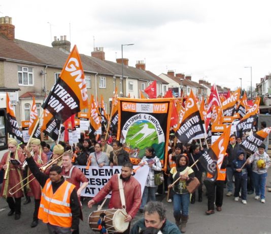 Swindon Hospital Carillion workers marching through the town