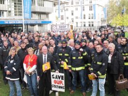 Firefighters outside Westminster Central Hall last Wednesday after the national FBU rally to oppose cuts in the fire service