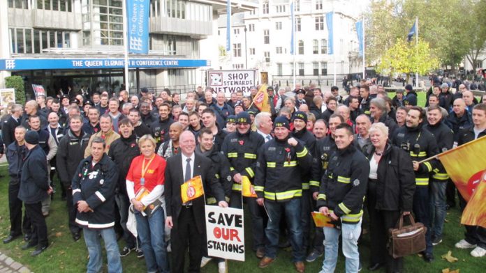 Firefighters outside Westminster Central Hall last Wednesday after the national FBU rally to oppose cuts in the fire service