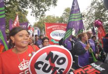 Huge numbers of hospital workers turned out on the TUC march on October 20th – they are battling to defend NHS jobs all over the country