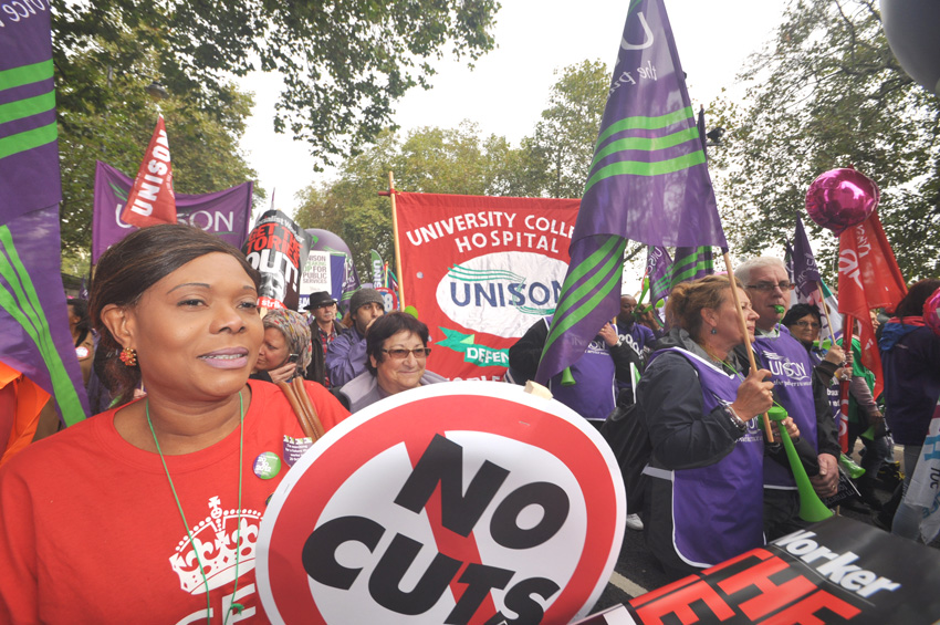 Huge numbers of hospital workers turned out on the TUC march on October 20th – they are battling to defend NHS jobs all over the country