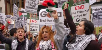 ‘Free Free Palestine! Israel is a terror state!’ protesters shouted at the 2,000-strong picket of the Israeli embassy in London on Saturday