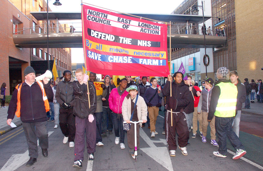 One of the many marches through Enfield demanding that Chase Farm Hospital be kept open