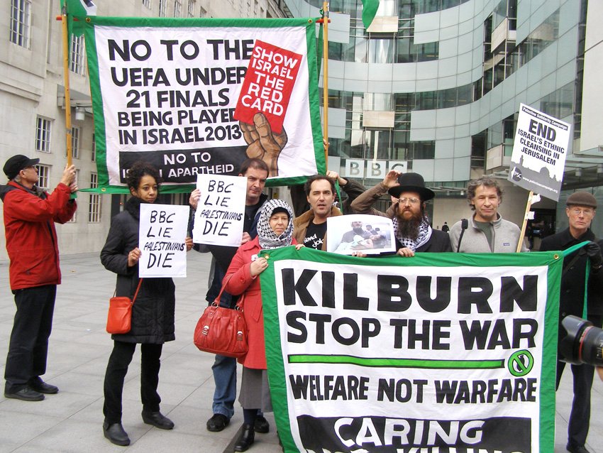 Demonstrators outside Broadcasting House yesterday lunchtime demanding an end to BBC bias in favour of Israel