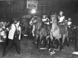 Mounted police charge striking Fleet Street printers at Wapping in the 1986-7 strike. The alliance of Murdoch, government and state against workers is now exposed