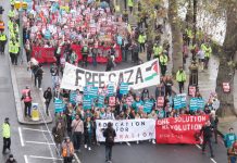 The front banners set the tone for the demonstration – solidarity with the Palestinians and Revolution is the Solution!