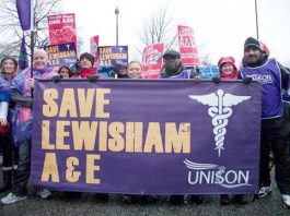 15,000 MARCH THROUGH LEWISHAM! – determined to stop the closure of Lewisham Hospital’s A&E and Maternity departments Unison banner on Saturday’s demonstration