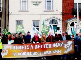 Sinn Fein banner on last Saturday’s 20,000 strong march in Dublin. So far, 360,000 jobs have been cut in Ireland