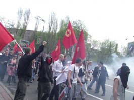 A May Day march in Lvov, fighting against the Orange-allied fascists