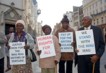 Kenyans who were tortured by British troops, outside the High Court in London