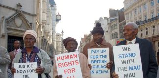 Kenyans who were tortured by British troops, outside the High Court in London