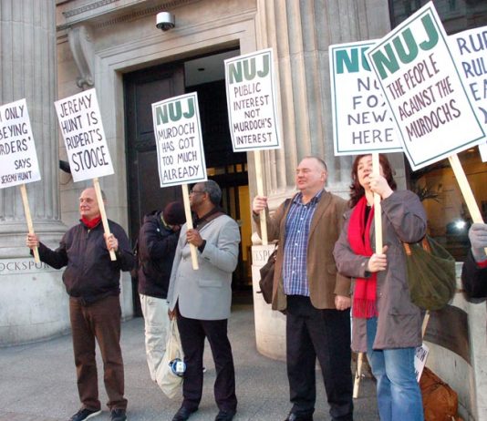 NUJ protest against Murdoch’s bid for BSkyB outside the Department of Culture, Media and Sport in March 2011