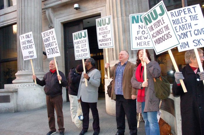 NUJ protest against Murdoch’s bid for BSkyB outside the Department of Culture, Media and Sport in March 2011